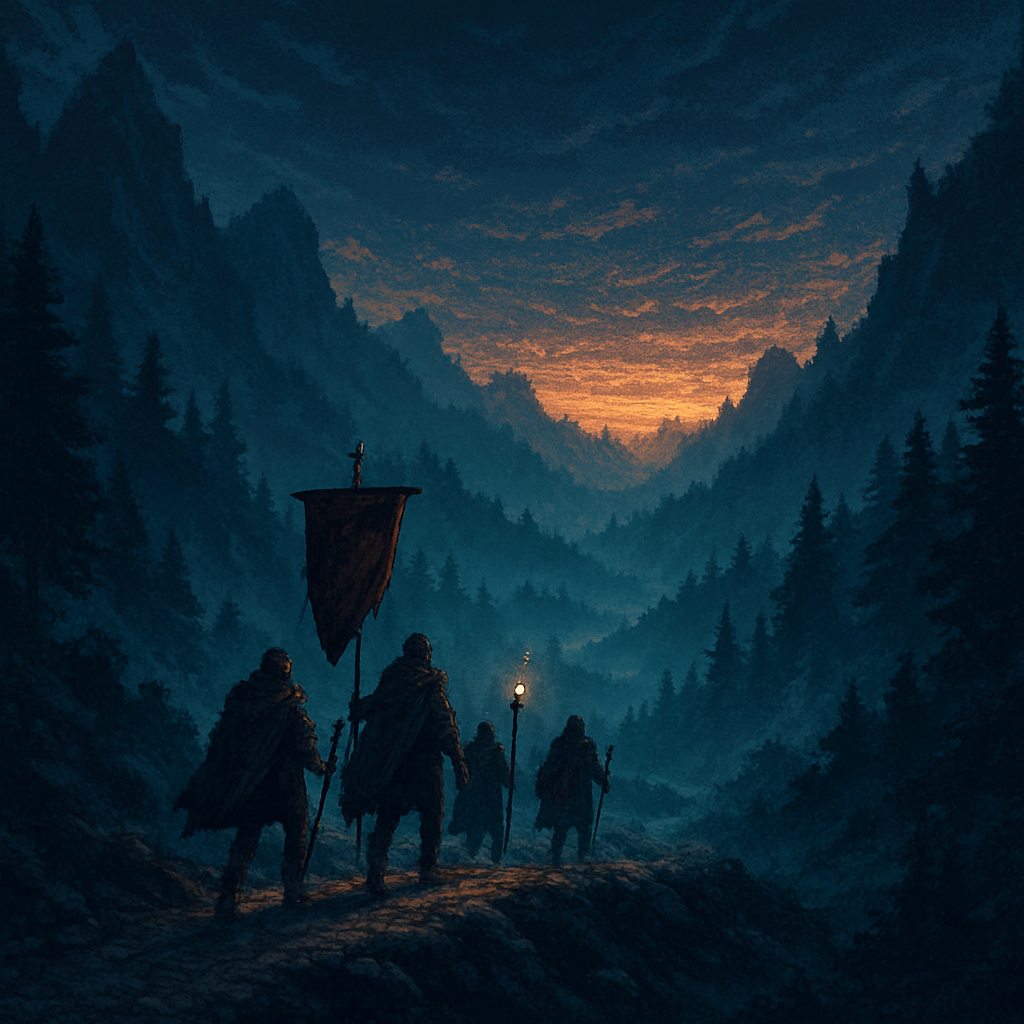 A party of adventurers traveling through misty mountains at dawn
