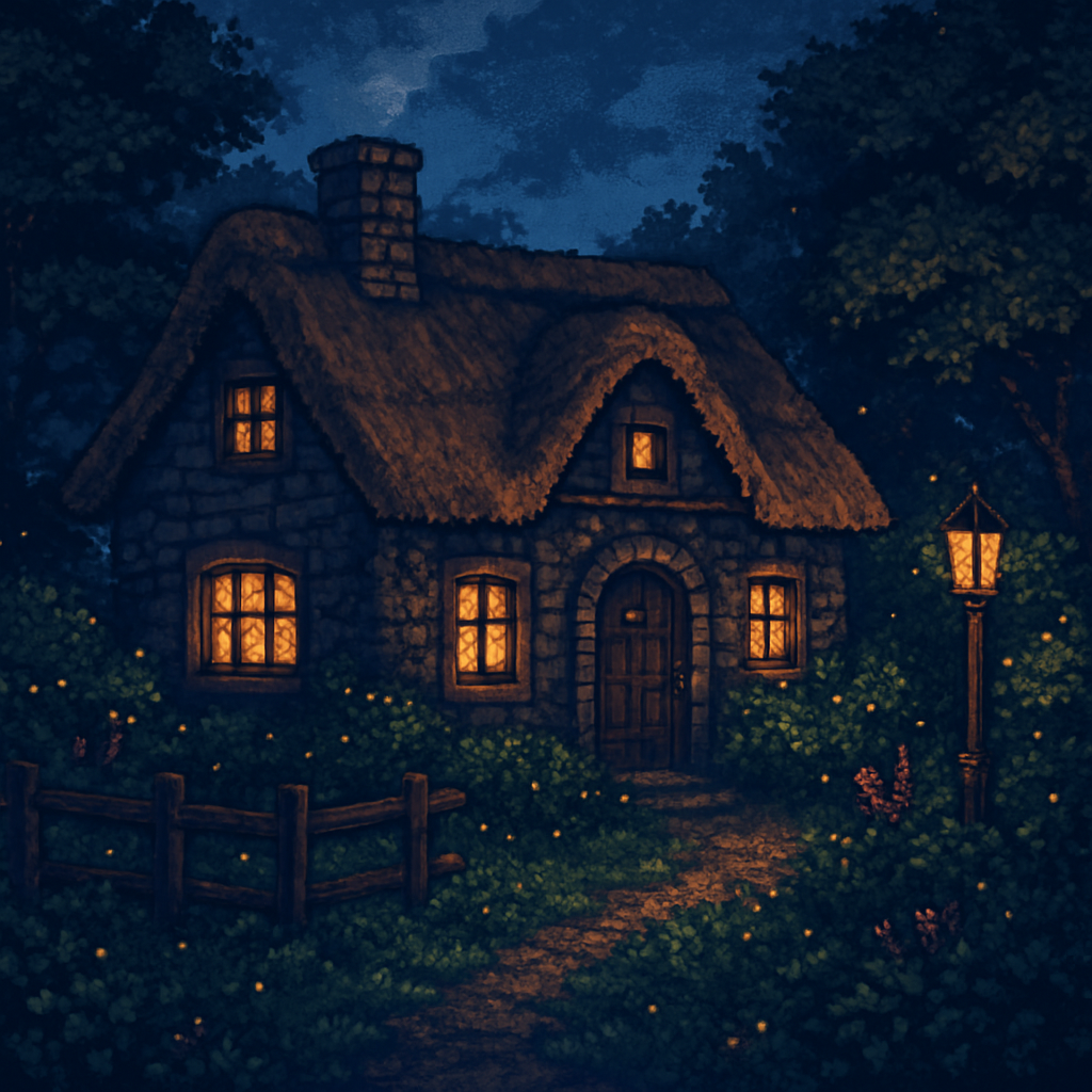 A cozy fantasy homestead cottage with warm glowing windows at dusk