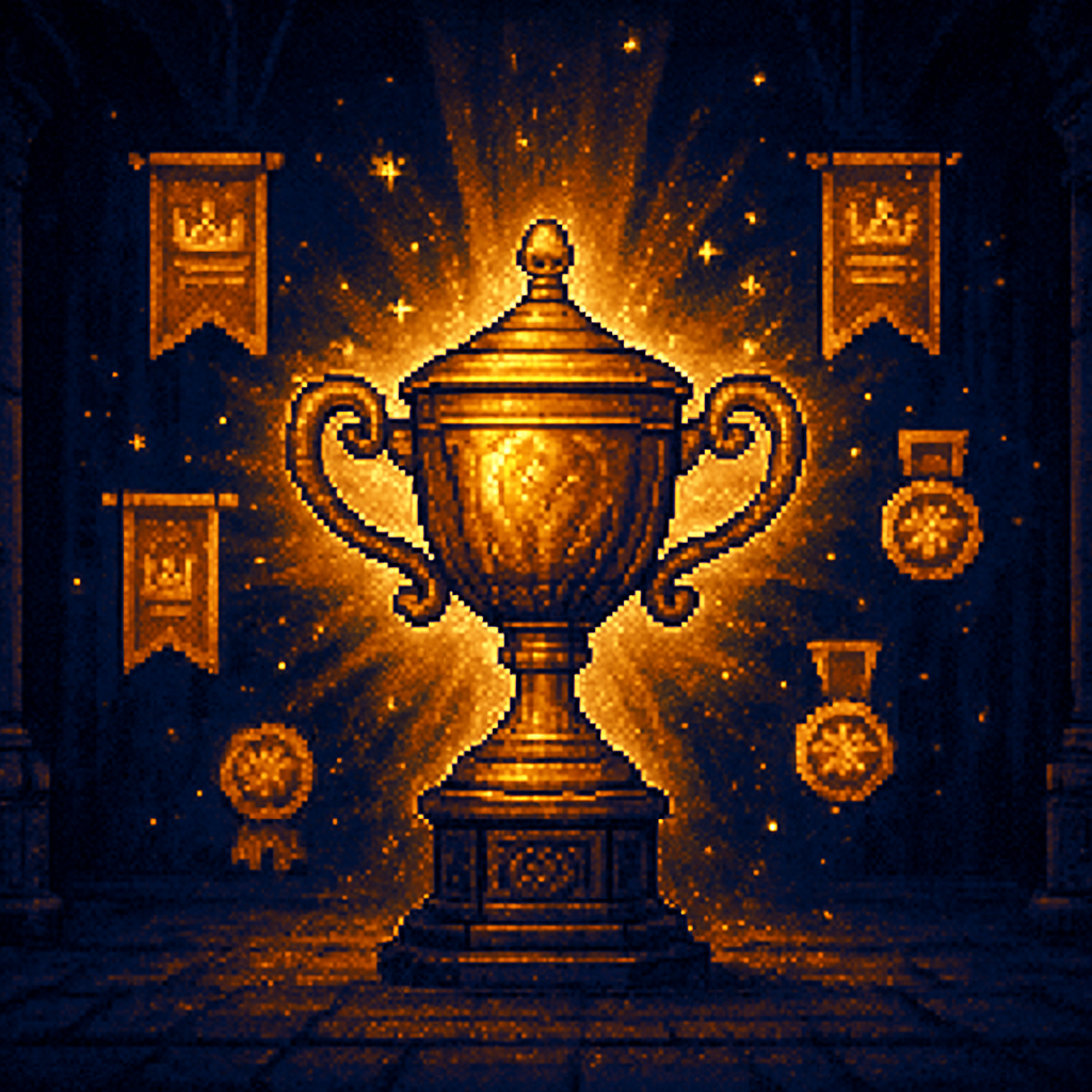 A golden trophy surrounded by glowing ranking banners