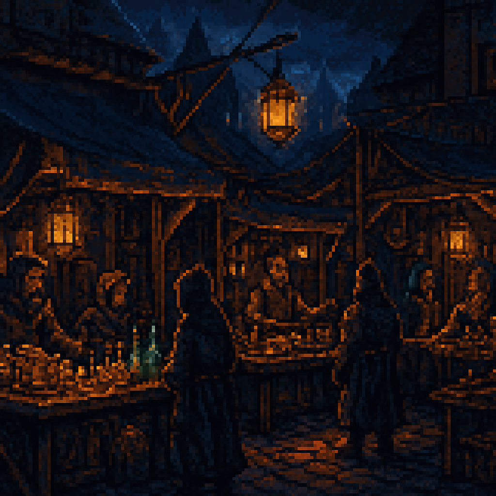 A lantern-lit fantasy merchant stall with coins, potions, and goods