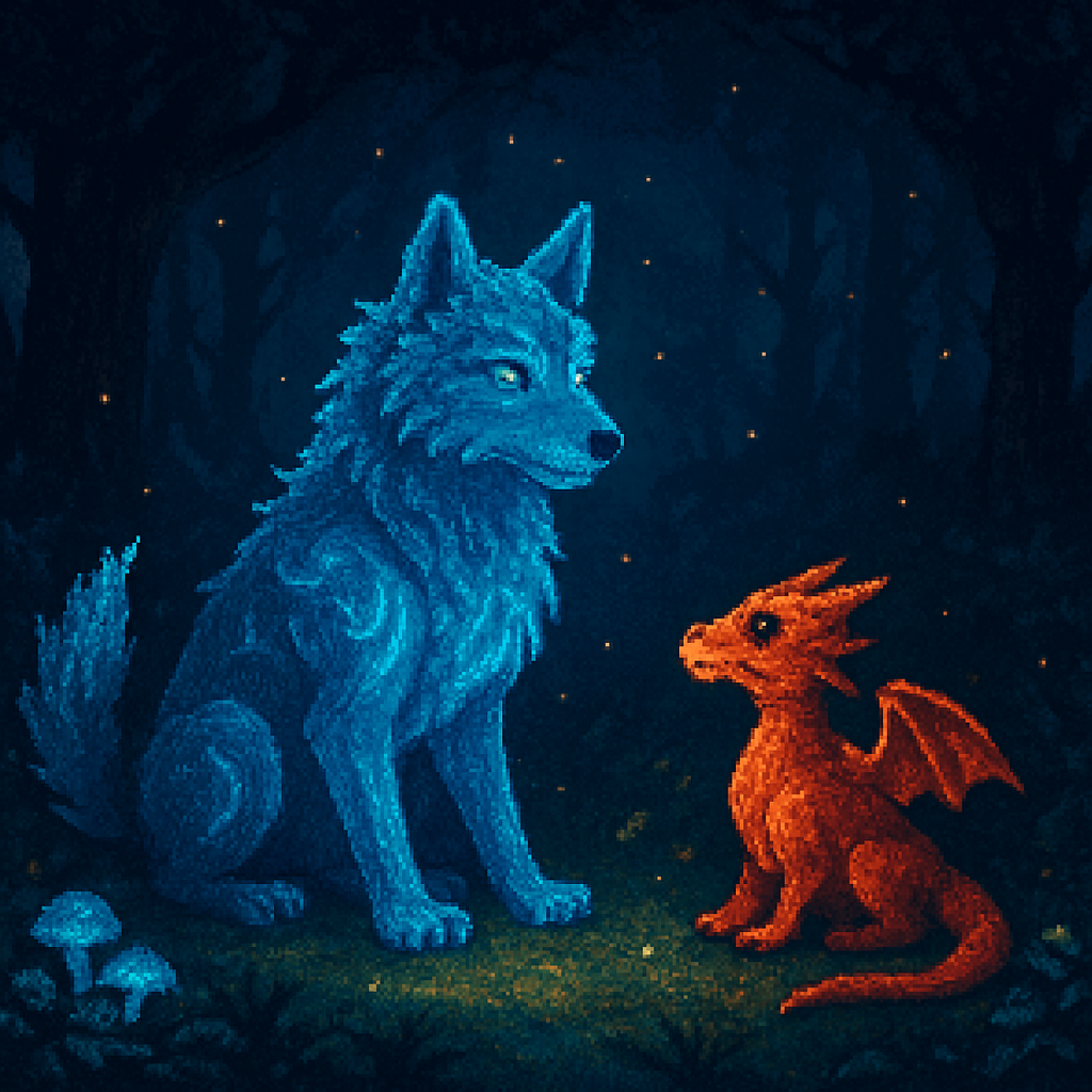 Fantasy companion creatures glowing in a magical forest clearing