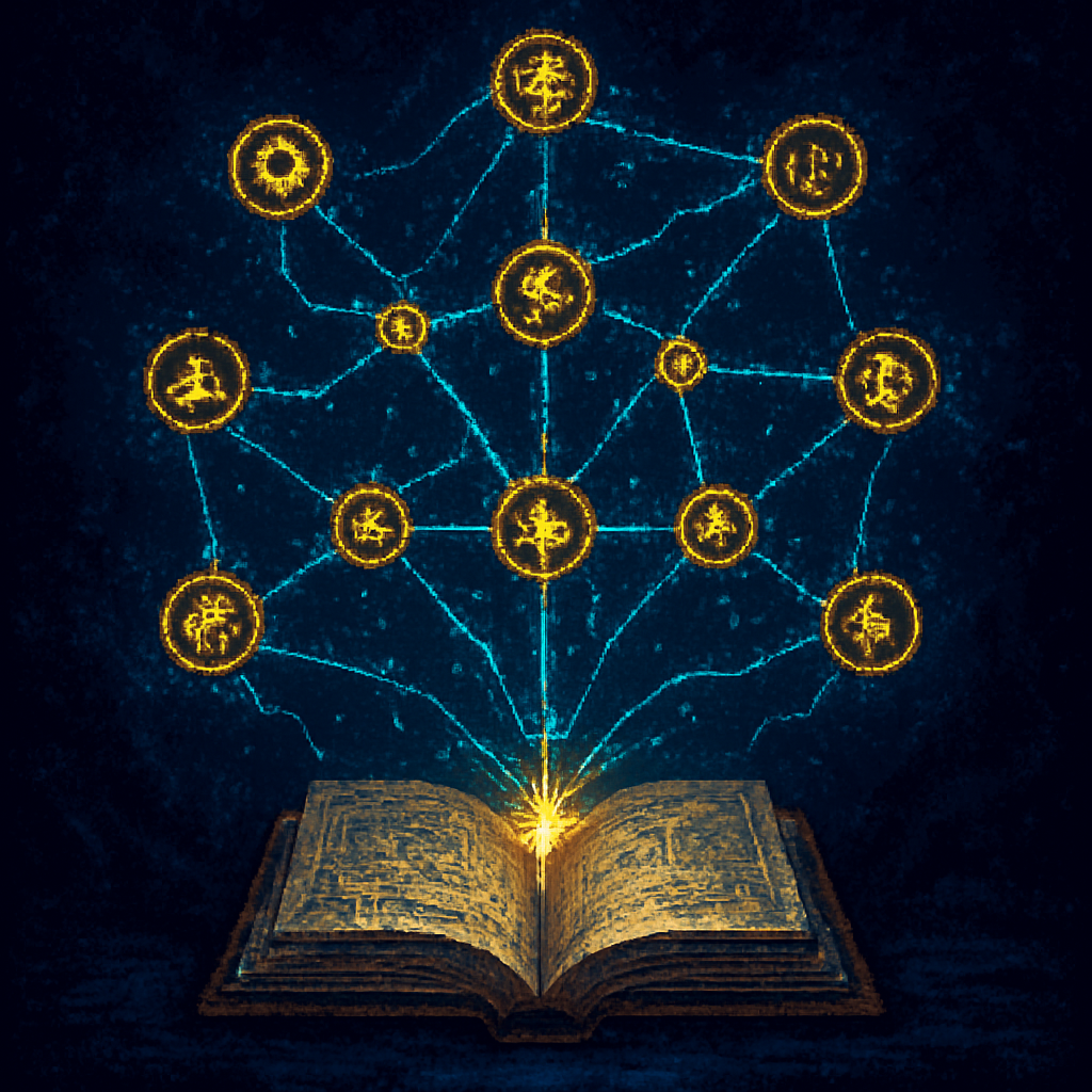 A glowing magical skill tree radiating from an ancient spellbook
