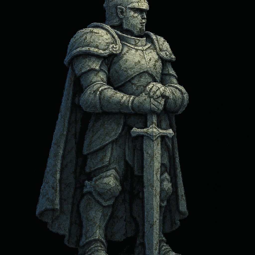 Stone statue of an armored knight guarding the gateway