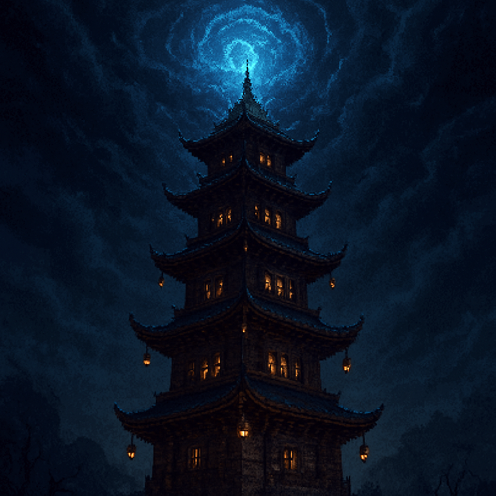 A dark fantasy tower rising into stormy clouds lit by blue magic